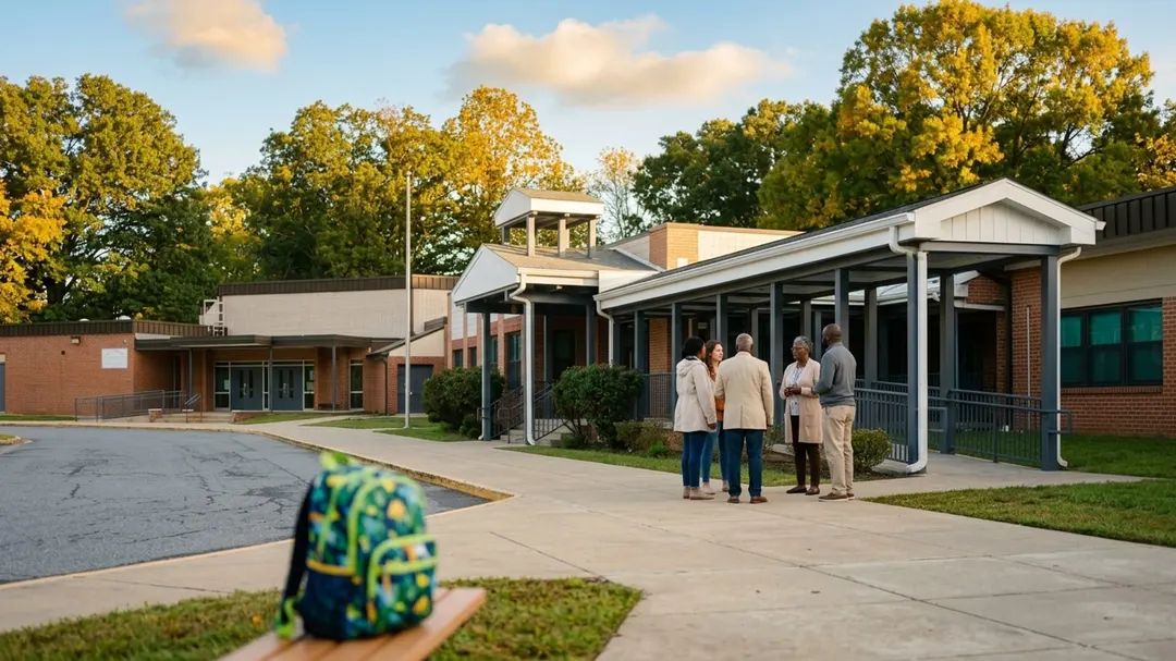 Families and teachers greeting each other outside Washington Grove Elementary on a sunny morning