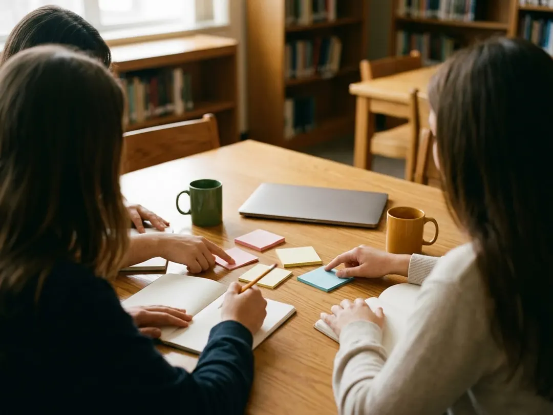 Parents and a teacher planning around a table with notebooks and coffee