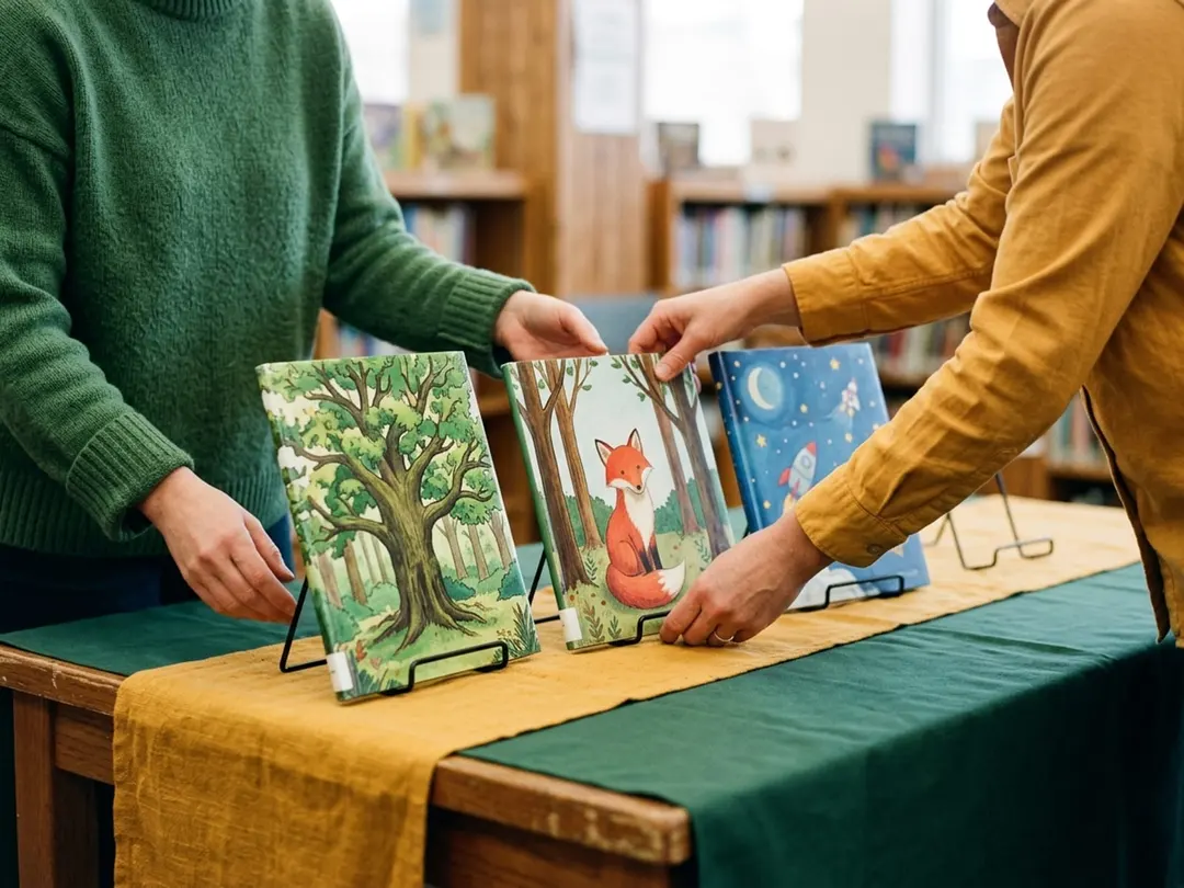 Volunteers arranging picture books on tables for the school book fair