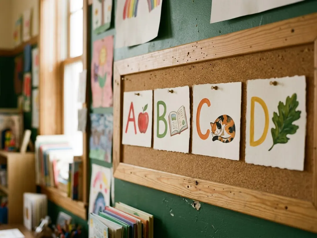 Bilingual alphabet cards in English and Spanish on a classroom wall