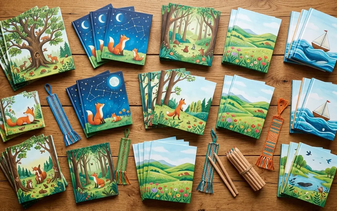 Pilas coloridas de libros infantiles en una mesa de la feria del libro