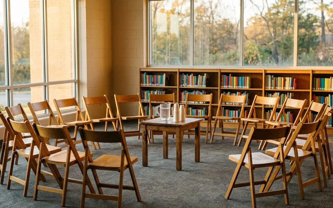 Folding chairs set up in a school library for a family meeting