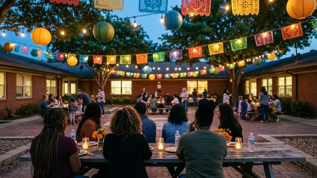 Paper lanterns and string lights over a school courtyard at a family night